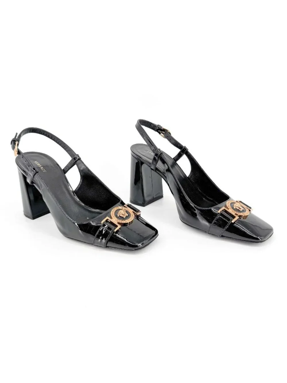 Versace Medusa Slingback Pumps Size 37 US 7 Black Patent Leather Block Heel